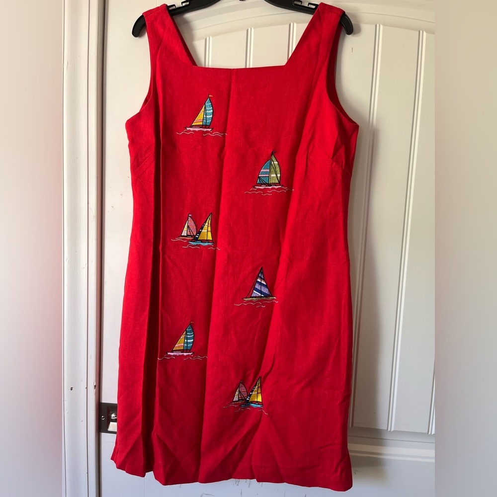 Vintage Ultra Red Sailboat Embroidered Linen Blend Sheath Dress Women’s Size 14 - Picture 6 of 14